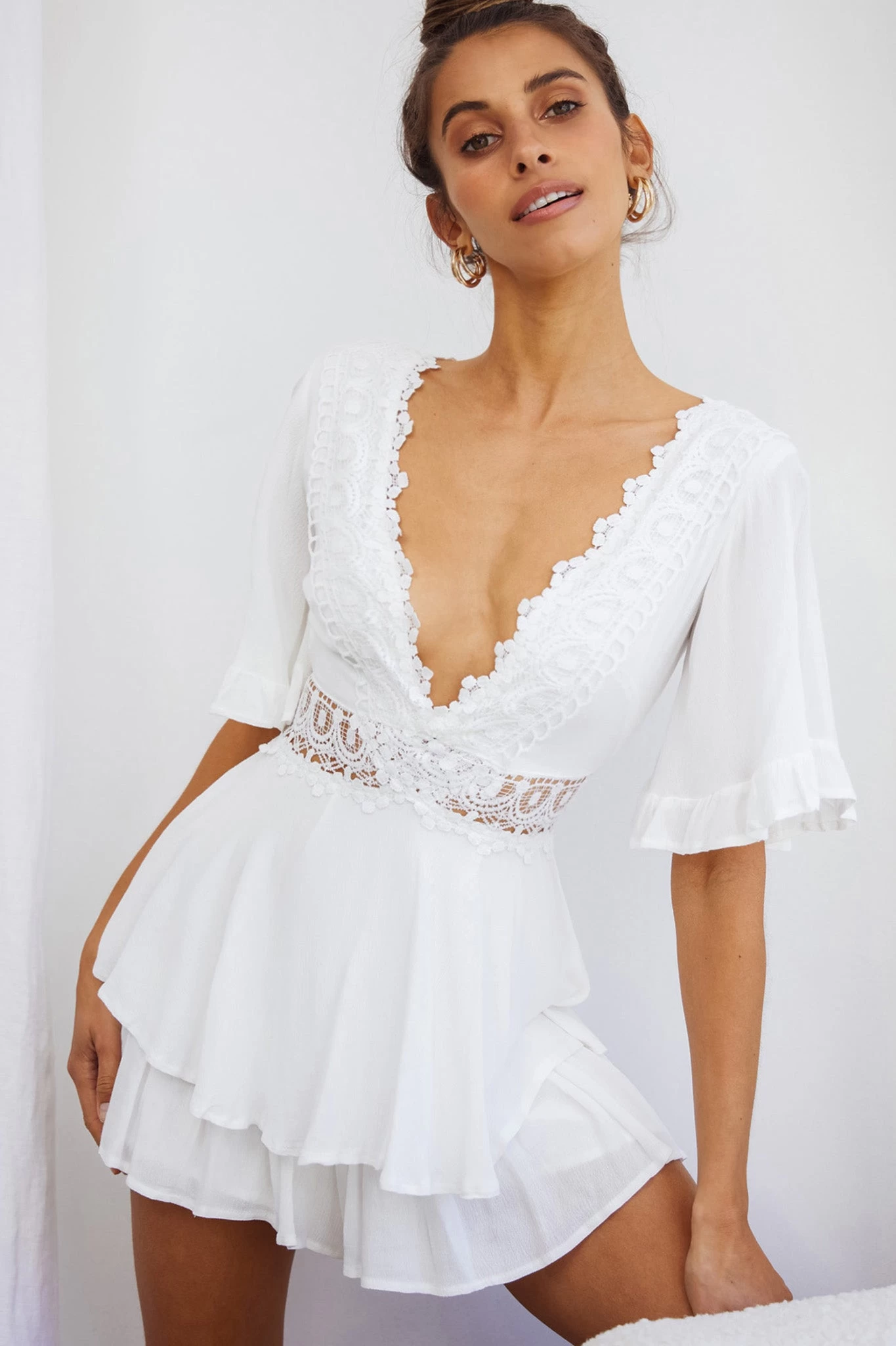 Lillian Crochet Lace Trim Flounce Hem Romper White 1 Lillian Crochet Lace Trim Flounce Hem Romper White