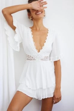 Lillian Crochet Lace Trim Flounce Hem Romper White 11 Lillian Crochet Lace Trim Flounce Hem Romper White -Fashion women's clothing CM1385B WHITE 4