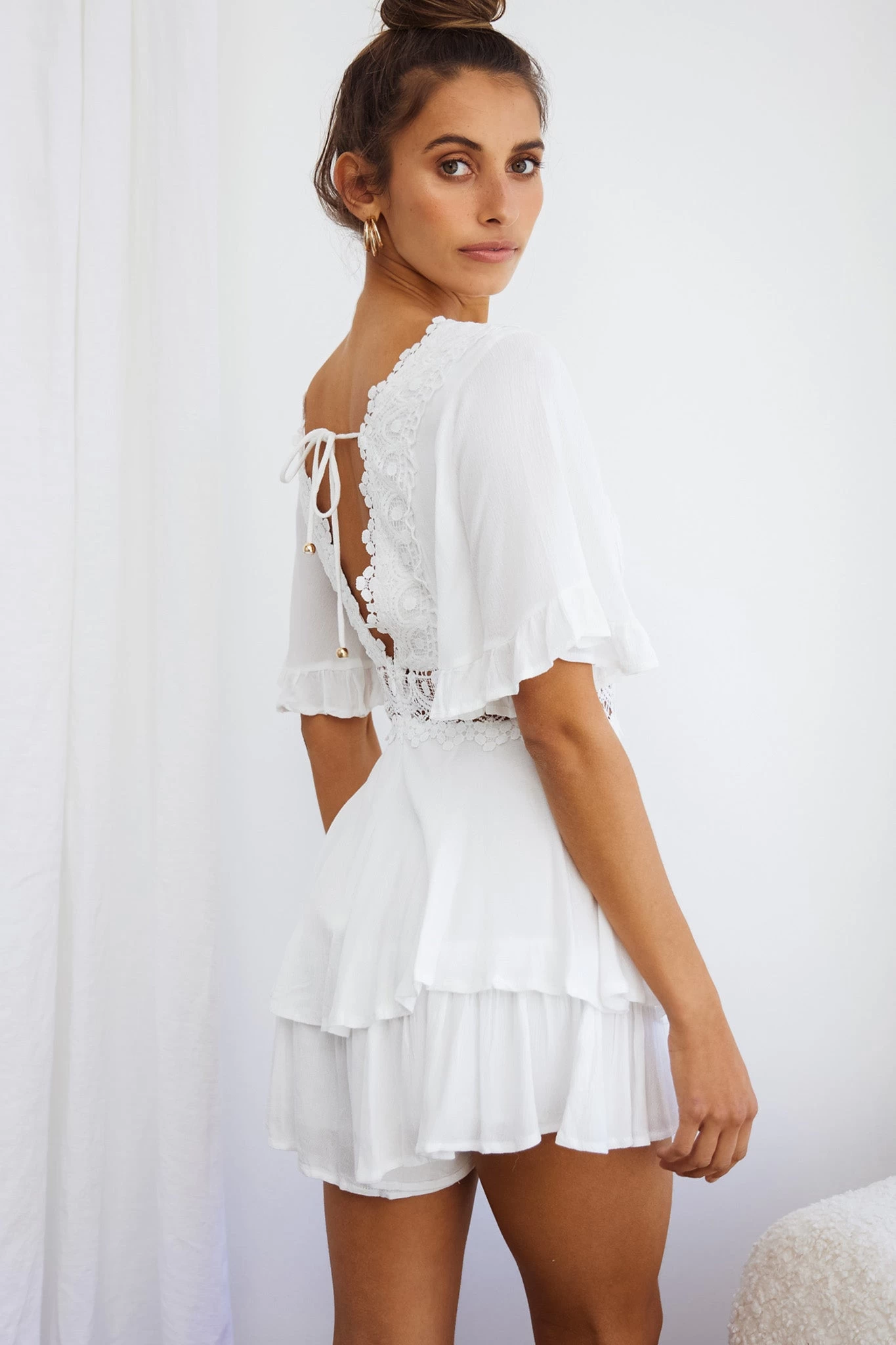 Lillian Crochet Lace Trim Flounce Hem Romper White 6 Lillian Crochet Lace Trim Flounce Hem Romper White - Image 6