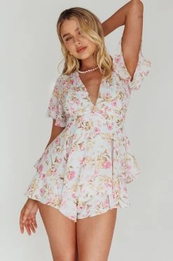 Golden Light Pintuck Pleat Romper Floral Blue 9 Golden Light Pintuck Pleat Romper Floral Blue -Fashion women's clothing CM1417B 20BLUE 5
