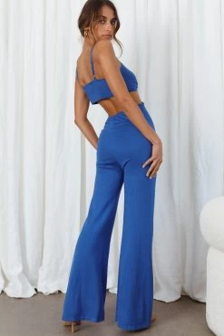 Bellagio Flared Leg Ribbed Knit Jumpsuit Blue -Fashion women's clothing CM1435B BLUE 7 1