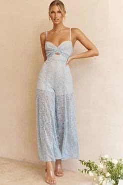 Just Like Heaven Crossover Bust Wide Leg Lace Jumpsuit Blue -Fashion women's clothing CM1537D 20BLUE 6