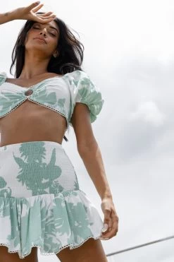 Escape With Me Tied Back Crop Top Printed Sage -Fashion women's clothing CM1644J T 20SAGE 4