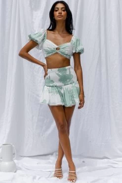 Escape With Me Tied Back Crop Top Printed Sage -Fashion women's clothing CM1644J T 20SAGE 6