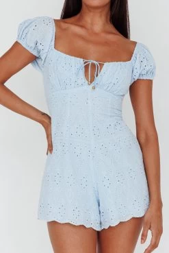 Santiago Puff Sleeve Eyelet Romper Blue 9 Santiago Puff Sleeve Eyelet Romper Blue -Fashion women's clothing CM1740J 20BLUE 4
