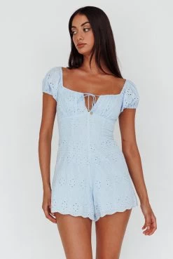 Santiago Puff Sleeve Eyelet Romper Blue 11 Santiago Puff Sleeve Eyelet Romper Blue -Fashion women's clothing CM1740J 20BLUE 6