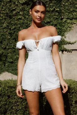 Santiago Puff Sleeve Eyelet Romper White -Fashion women's clothing CM1740J 20WHITE 8