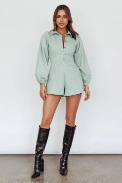 Zurich Pleated Waist Romper Sage -Fashion women's clothing CM3035D09 20SAGE 2