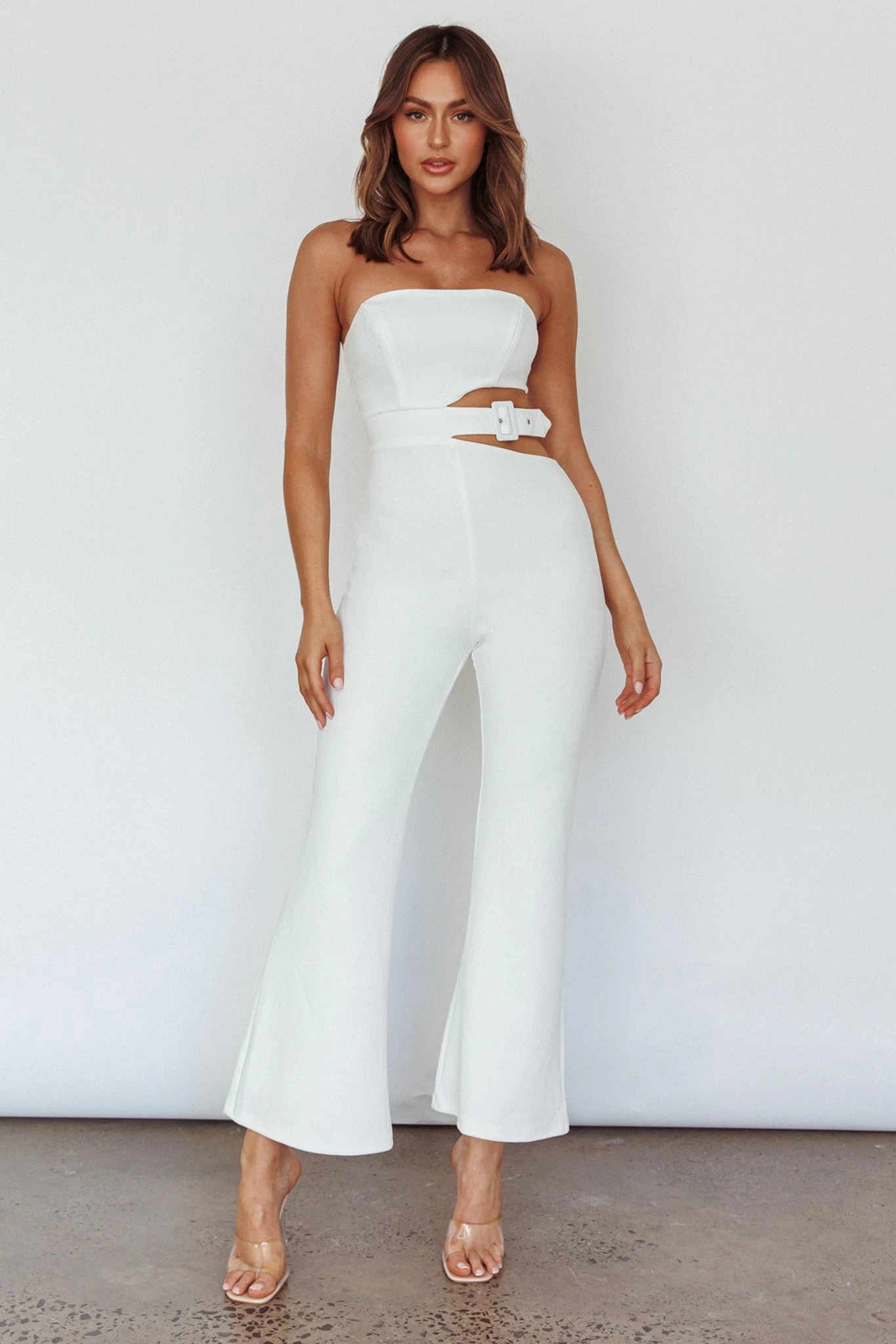 Glisten Cut-Out Buckle Waist Jumpsuit White 1 Glisten Cut-Out Buckle Waist Jumpsuit White