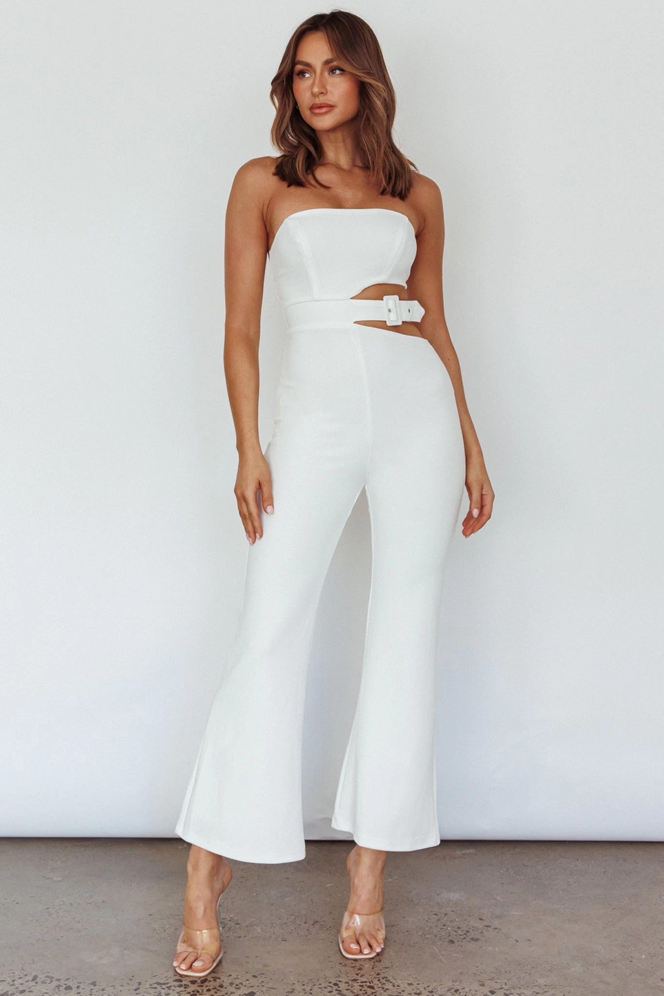 Glisten Cut-Out Buckle Waist Jumpsuit White 3 Glisten Cut-Out Buckle Waist Jumpsuit White - Image 3