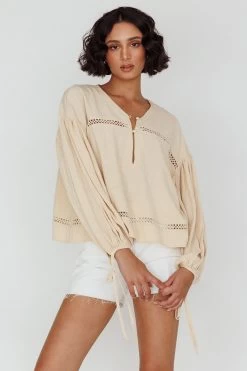 Waltz Long Sleeve Embroidery Trim Top Wheat -Fashion women's clothing CM6134D 20WHEAT 2