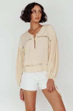 Waltz Long Sleeve Embroidery Trim Top Wheat -Fashion women's clothing CM6134D 20WHEAT 5
