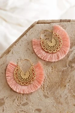 Bali Gold Filigree Fringing Earrings Pink