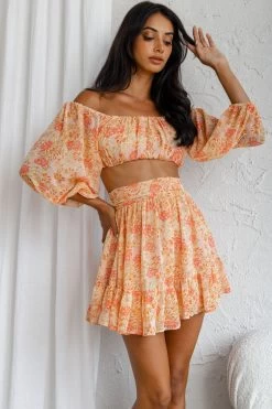 Abby Waistband A-Line Ruffle Hem Skirt Floral Print Pink -Fashion women's clothing KJ0044DS13 S 20PINK 7