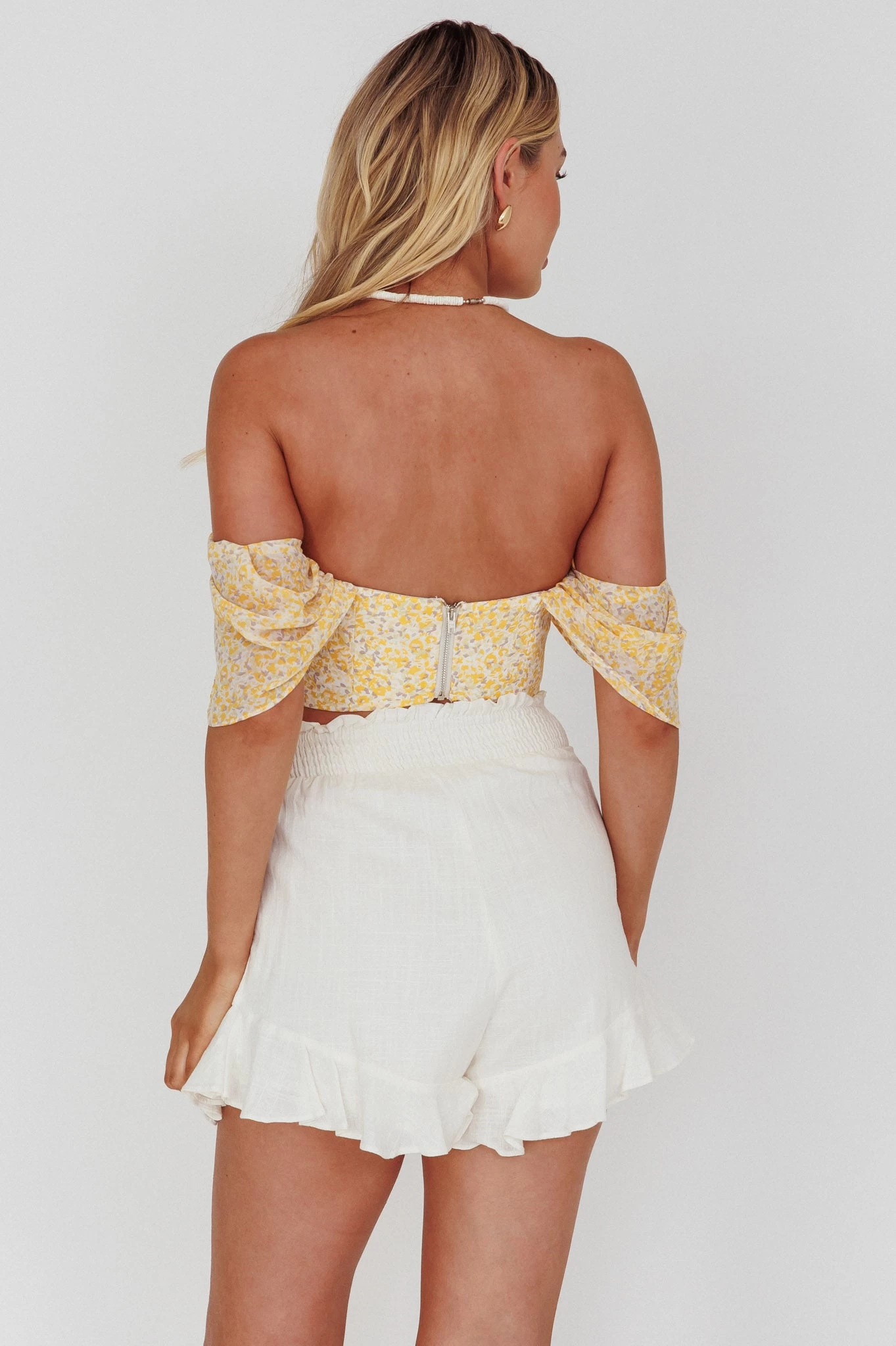 Brandy Off-Shoulder Pointed Hem Crop Top Mottled Print Yellow 2 Brandy Off-Shoulder Pointed Hem Crop Top Mottled Print Yellow - Image 2
