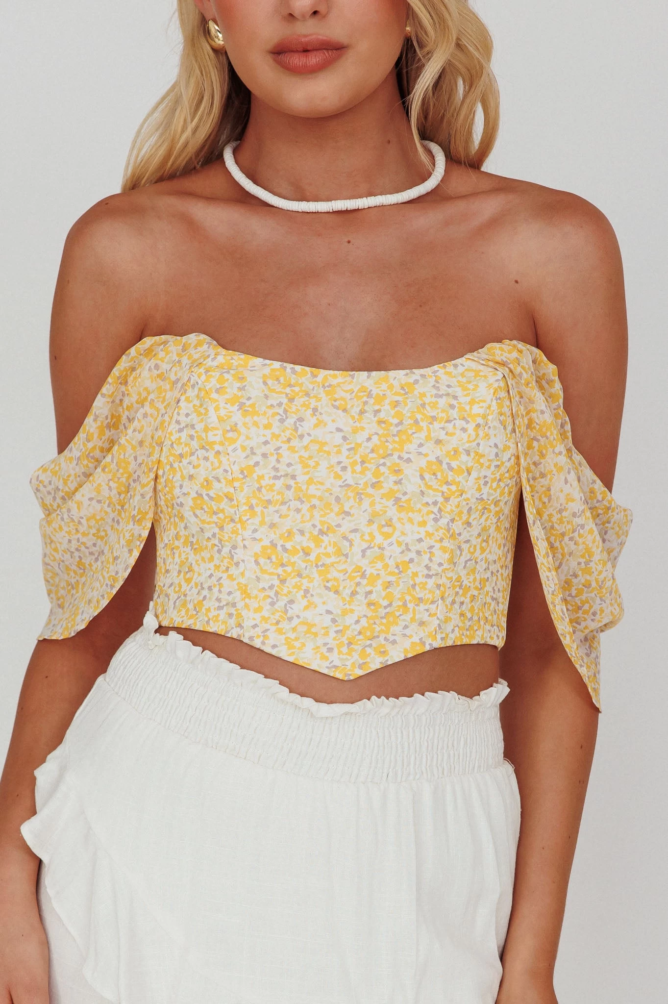 Brandy Off-Shoulder Pointed Hem Crop Top Mottled Print Yellow 4 Brandy Off-Shoulder Pointed Hem Crop Top Mottled Print Yellow - Image 4