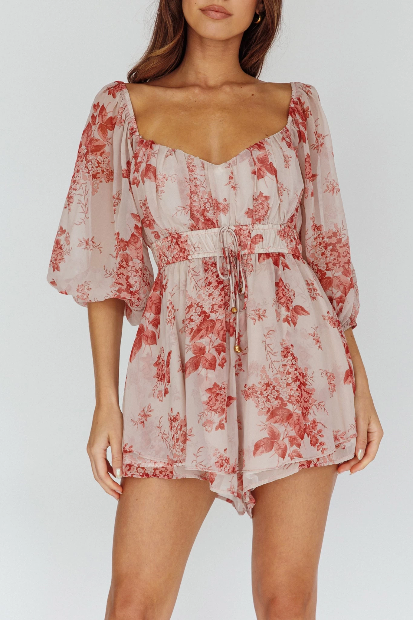 First Light Puff Sleeve Elasticated Waist Romper Floral Print Rose 4 First Light Puff Sleeve Elasticated Waist Romper Floral Print Rose - Image 4