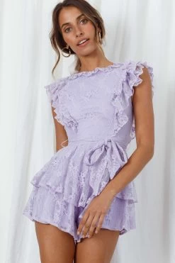 Spring Fling Frill Trim Waist Tie Lace Romper Lilac -Fashion women's clothing KT0174B01 LILAC 6