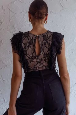 Spring Fling Frill Trim Lace Bodysuit Black 9 Spring Fling Frill Trim Lace Bodysuit Black -Fashion women's clothing KT0174BBLACK 3