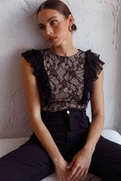 Spring Fling Frill Trim Lace Bodysuit Black 11 Spring Fling Frill Trim Lace Bodysuit Black -Fashion women's clothing KT0174BBLACK 5