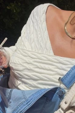 Heartstopper Off-Shoulder Wrap Knit Top Cream -Fashion women's clothing Photo17 3 22 102224am