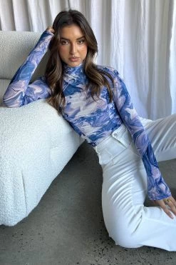 Soul Turtleneck Bodysuit Swirl Blue -Fashion women's clothing SLBT216043BLUE 5