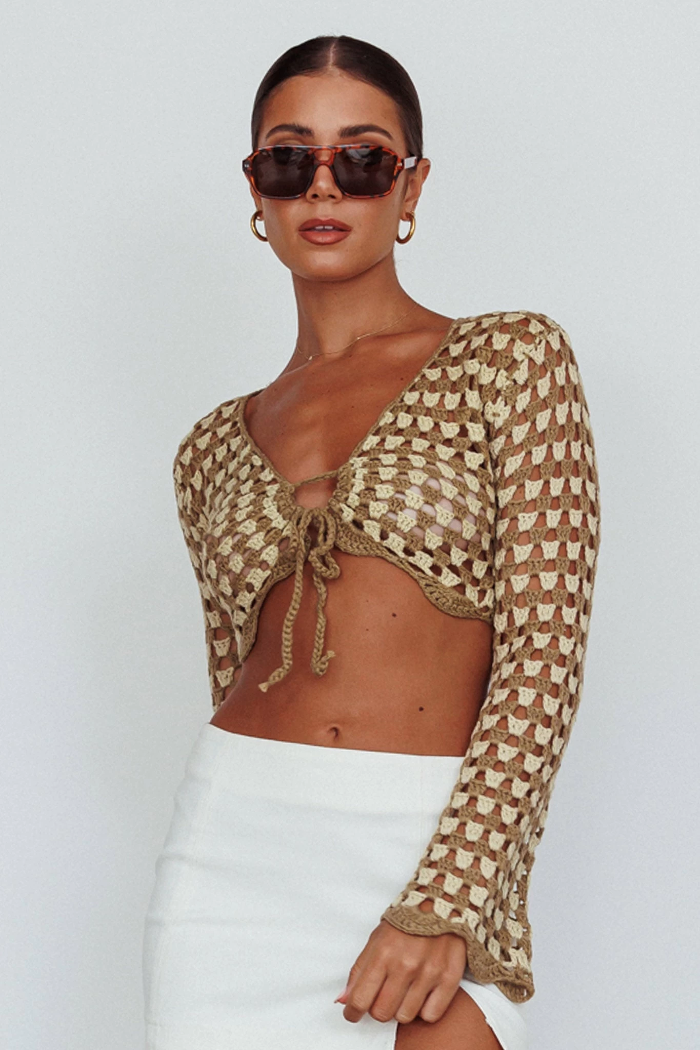 Maycie Long Sleeve Crochet Crop Top Taupe Multi 1 Maycie Long Sleeve Crochet Crop Top Taupe Multi