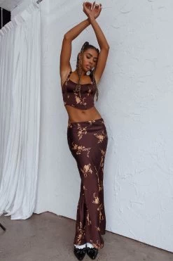 Hara Slip Midi Skirt Floral Brown -Fashion women's clothing SLIMC7773S 20BROWN 6