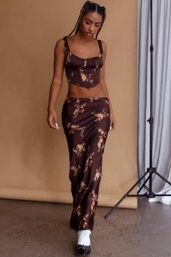Hara Slip Midi Skirt Floral Brown -Fashion women's clothing SLIMC7773S 20BROWN 7