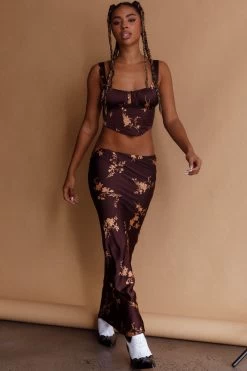 Hara Slip Midi Skirt Floral Brown -Fashion women's clothing SLIMC7773S 20BROWN 9