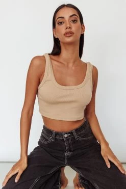 Drifting Ribbed Crop Top Tan -Fashion women's clothing SLIT457 20TAN 2