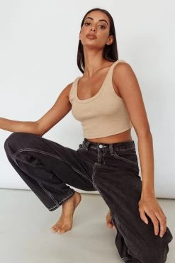 Drifting Ribbed Crop Top Tan -Fashion women's clothing SLIT457 20TAN 5