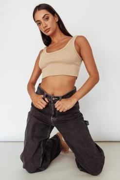 Drifting Ribbed Crop Top Tan -Fashion women's clothing SLIT457 20TAN 8