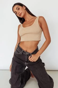 Drifting Ribbed Crop Top Tan -Fashion women's clothing SLIT457 20TAN 9