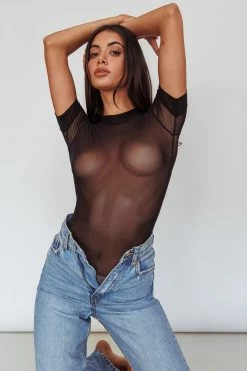 Kyoto Sheer Short Sleeve Bodysuit Black -Fashion women's clothing SLKTB0577 20BLACK 8