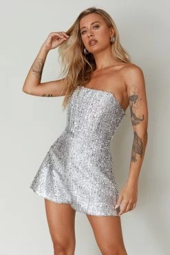 Vivid Dreams Strapless Sequin Romper Silver -Fashion women's clothing SLLR9329 20SILVER 4