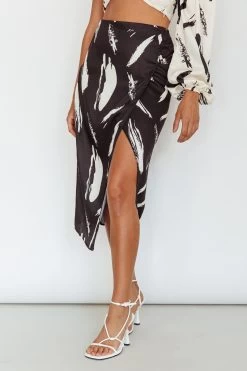 Amina Split Midi Skirt Printed Black -Fashion women's clothing SLS41400 20BLACK 4