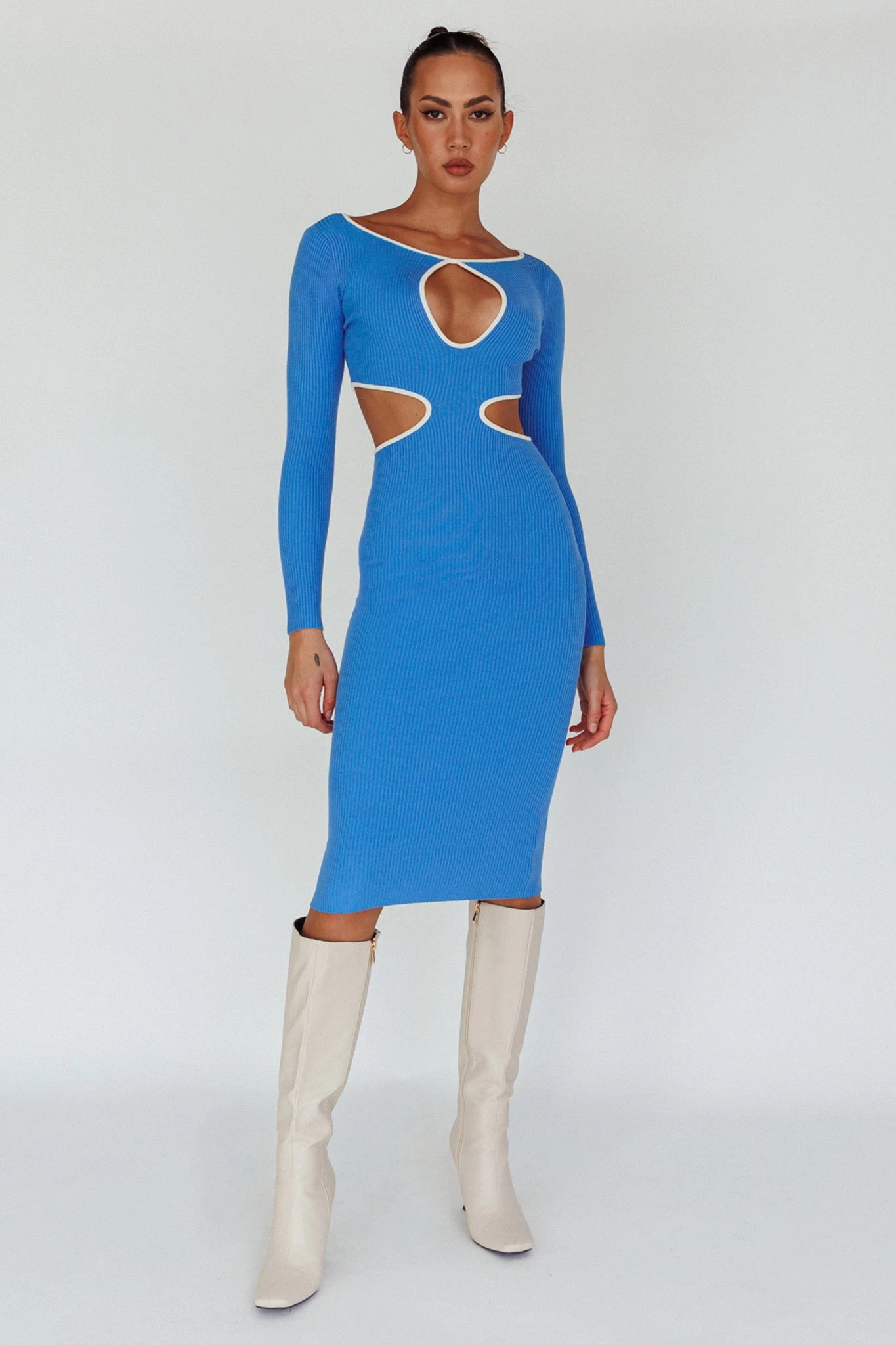 Jovie Keyhole Knit Midi Dress Blue 1 Jovie Keyhole Knit Midi Dress Blue