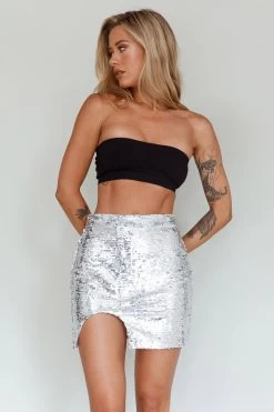 Luna Heart Sequin Mini Skirt Silver -Fashion women's clothing SLVIS5516 20SILVER 8