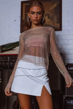 Be Seen Rhinestone Embellished Mini Skirt White -Fashion women's clothing SLY21996 20WHITE 4