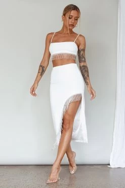 Attention Seeker Diamante Trim Midi Skirt Off White -Fashion women's clothing SLY22035 20OFF 20WHITE 2