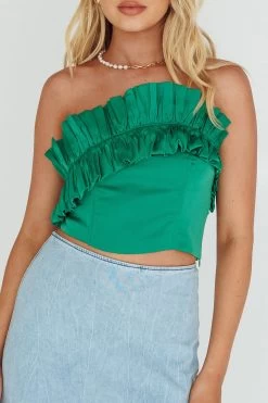 La Belle Frill Neckline Crop Top Green -Fashion women's clothing SLY22194 20GREEN 4