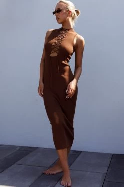 Brand New Day Lace-Up Bust Knit Midi Dress Chocolate 17 Brand New Day Lace-Up Bust Knit Midi Dress Chocolate -Fashion women's clothing SN0088D 20CHOCOLATE 1