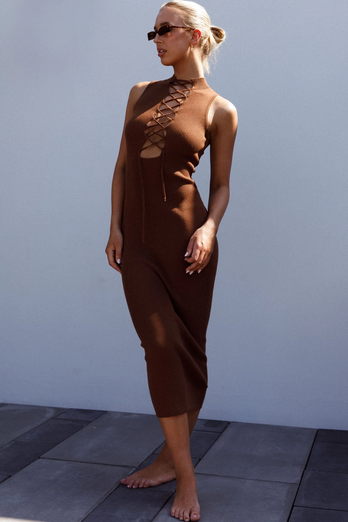 Brand New Day Lace-Up Bust Knit Midi Dress Chocolate 6 Brand New Day Lace-Up Bust Knit Midi Dress Chocolate - Image 6