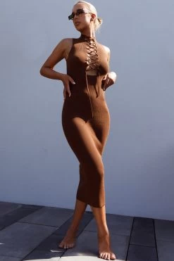 Brand New Day Lace-Up Bust Knit Midi Dress Chocolate 21 Brand New Day Lace-Up Bust Knit Midi Dress Chocolate -Fashion women's clothing SN0088D 20CHOCOLATE 5