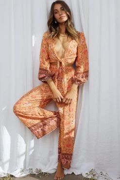 Novo Shirred Waist Long Pants Bohemian Print Orange -Fashion women's clothing SR0113B P ORANGE 5 1