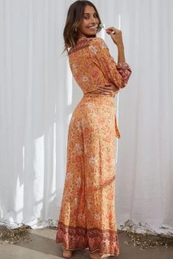 Novo Shirred Waist Long Pants Bohemian Print Orange -Fashion women's clothing SR0113B P ORANGE 6 1
