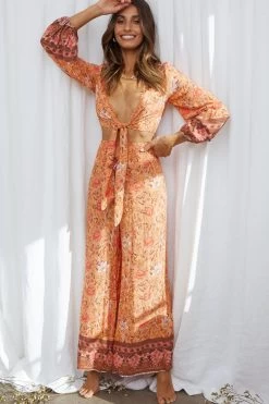 Novo Shirred Waist Long Pants Bohemian Print Orange -Fashion women's clothing SR0113B P ORANGE 7 1