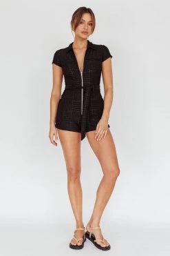 California Girl Short Sleeve Waist Tie Romper Black -Fashion women's clothing SR0141D10 20BLACK 2