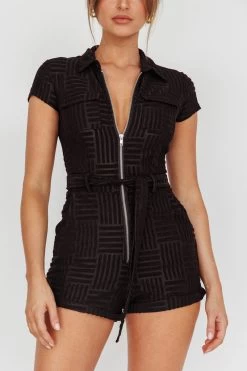 California Girl Short Sleeve Waist Tie Romper Black -Fashion women's clothing SR0141D10 20BLACK 4